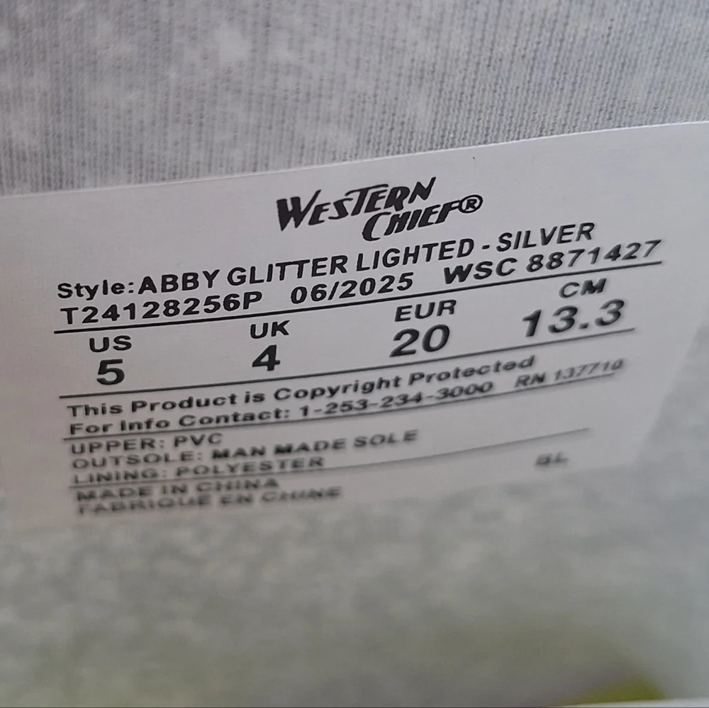 Western Chief Abby Glitter Lighted Silver Rain Boots Size 5